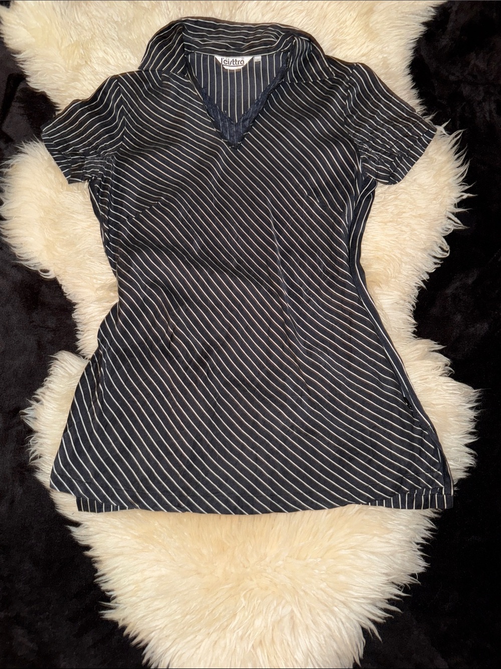 J'eisttra 100% Silk Black & White Pinstripe Polo Collar Tunic Top - Euro 42